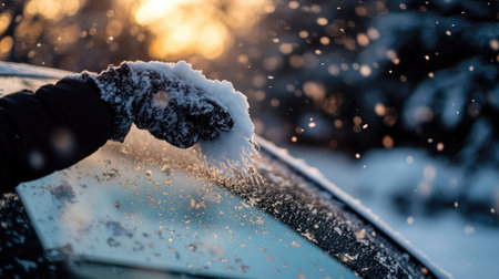 Snowflakes falling as a person brushes fresh snow off their car windshield, capturing the chill of a winter morningの素材