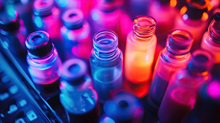 Artistic shot of vibrant tattoo inks in caps, glowing under the light with blurred background toolsの素材