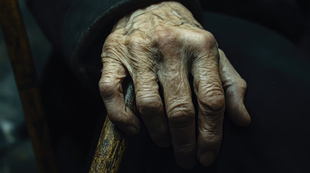 An older hand resting on a cane, highlighting skin folds and age spots.の素材