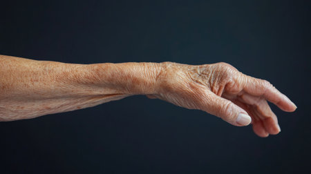 An older woman's arm, showcasing the natural sagging and folds of aging skin.の素材