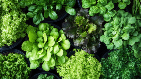 High-angle shot of a hydroponic farm in a greenhouse, showcasing a variety of leafy greens in organized rowsの素材