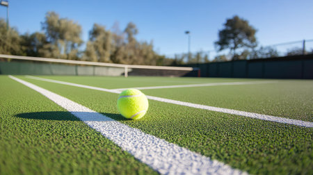 Tennis balls and a racket on a freshly painted court with crisp white boundary linesの素材