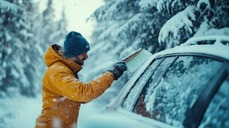 Side view of someone using a snow brush to remove ice and snow from a windshield, surrounded by snow-laden treesの素材