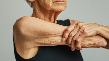 An older woman's arm, showcasing the natural sagging and folds of aging skin.の素材