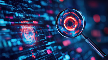 Artistic perspective of a magnifying glass enlarging an illuminated target icon on a computer screenの素材