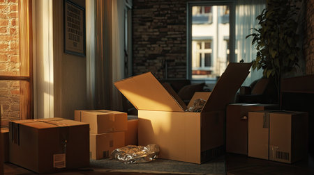 An open cardboard box with packing materials spilling out, surrounded by other sealed boxes in a small apartment.の素材