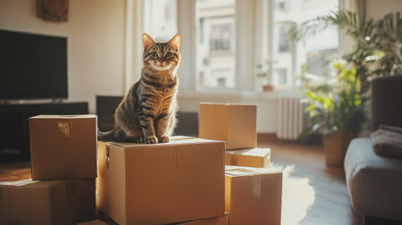 A cat sitting on top of a pile of cardboard boxes in a sunlit apartment living room.の素材
