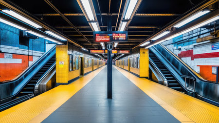 Symmetrical view of an empty urban train platform, escalators and signs visible, a clean and orderly aestheticの素材