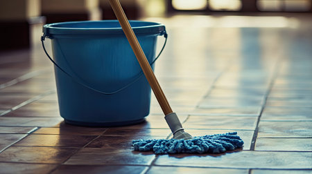 A bucket with a wringer and a mop resting on a freshly mopped tiled floor.の素材