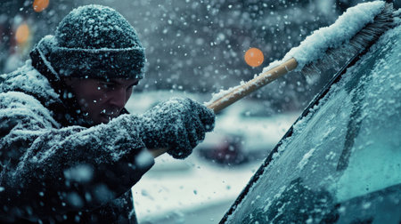 Man cleaning a snow-covered windshield with a long-handled brush, snowflakes still falling lightlyの素材