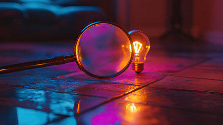 Artistic shot of a magnifying glass focusing on a glowing light bulb symbolizing ideas and goalsの素材