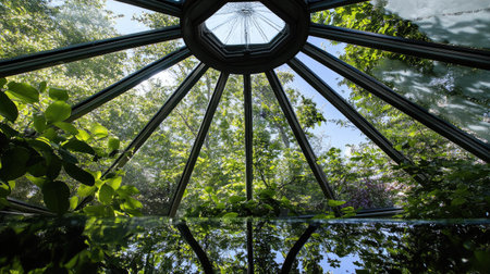 Telescopic water brush being used on a conservatory roof, the intricate glass structure reflecting the surrounding gardenの素材