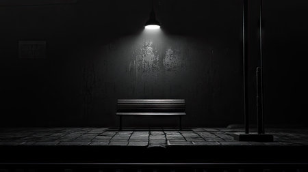 Quiet platform with a solitary bench under a flickering light, train tracks disappearing into the dark distanceの素材