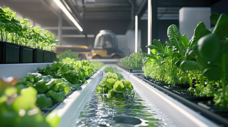 Hydroponic setup with various vegetables growing in clean water systems, with futuristic agricultural equipment in the backgroundの素材