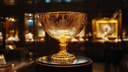 A champion's golden trophy cup displayed on a rotating stand with lights highlighting its features.の素材