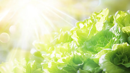 Rows of vibrant green lettuce growing in a modern hydroponic greenhouse, sunlight streaming through transparent panelsの素材