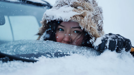 Woman bundled in winter gear removing snow from a car windshield, her breath visible in the cold airの素材