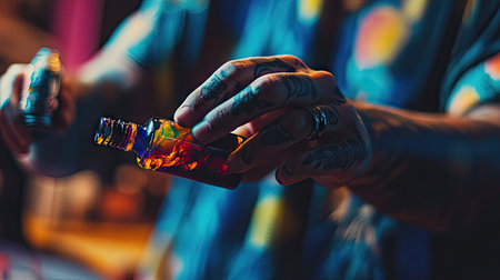 Action shot of a tattoo artist tilting an ink bottle over a cap, with vibrant colors dominating the sceneの素材