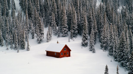 Aerial view of a lone wooden cabin surrounded by untouched snow and evergreen forestsの素材
