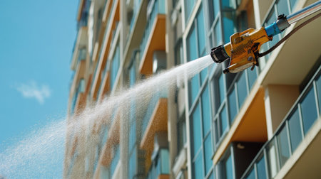 Telescopic water brush cleaning an apartment complex's exterior windows, ladder and safety gear visible nearbyの素材