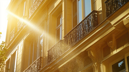 Telescopic water brush in motion cleaning high windows on a luxury hotel, sunlight creating a sparkling clean effectの素材