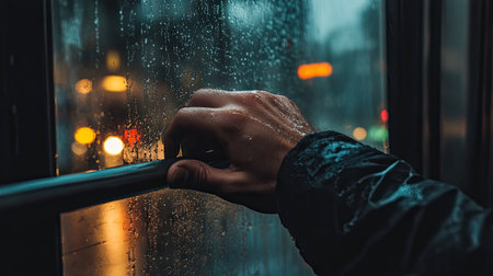 Man's hand on a subway handle, raindrops streaking the window behind, evoking a calm and pensive commuteの素材