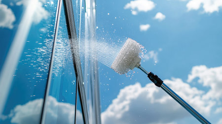 Telescopic water brush in action, cleaning tall residential windows with blue skies and fluffy clouds in the backgroundの素材