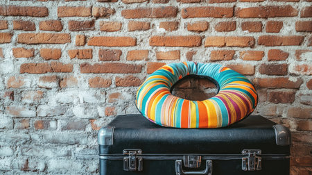 A black suitcase with a vibrant neck pillow resting on top, near a rustic brick wall.の素材