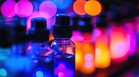 Artistic shot of vibrant tattoo inks in caps, glowing under the light with blurred background toolsの素材