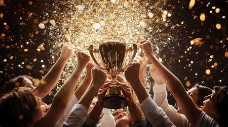 A business team celebrating their achievement, with a golden trophy held in the center.の素材