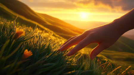 A close-up of fingertips brushing through uneven grass on a hillside at sunriseの素材