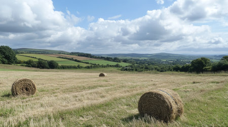 A panoramic view of a meadow with hay rolls and rolling hills stretching into the horizonの素材