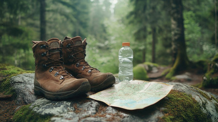 A pair of boots next to a water bottle and map on a rock in the middle of a forest clearingの素材