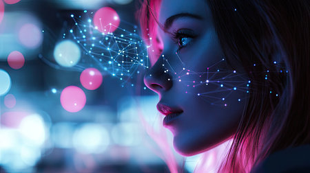 A professional with a determined expression analyzing hovering D network diagrams on a techy blurred sceneの素材