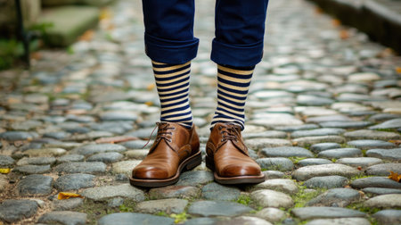 A stylish pair of striped socks paired with ankle boots, worn by a man on a cobblestone pathの素材