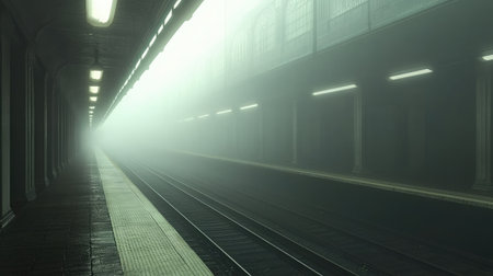 Foggy morning view of a deserted train platform, muted colors and a serene atmosphere, tracks fading into the mistの素材