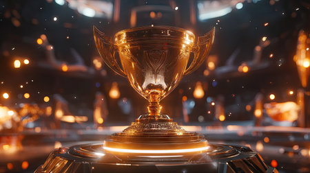 A champion's golden trophy cup displayed on a rotating stand with lights highlighting its features.の素材