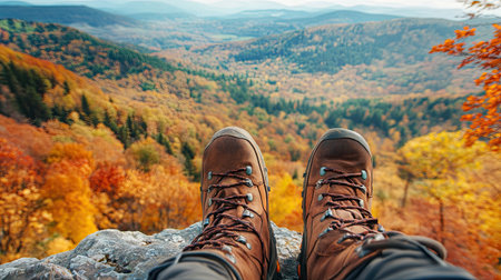 Hiking boots resting on a ledge with a valley of vibrant fall foliage spreading out belowの素材