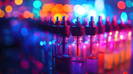 Artistic shot of vibrant tattoo inks in caps, glowing under the light with blurred background toolsの素材