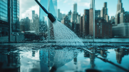 Telescopic water brush spraying water as it scrubs a large glass pane, city skyline visible in the reflectionの素材
