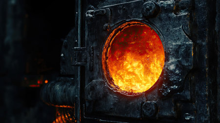 A close-up of the glowing interior of a furnace, showing the textures of the burning fuel.の素材