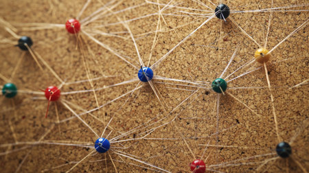 A close-up of a network of pins and threads resembling a spider web on a corkboard.の素材