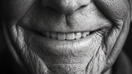 A close-up of an elderly person's smile, with lines radiating from the mouth.の素材