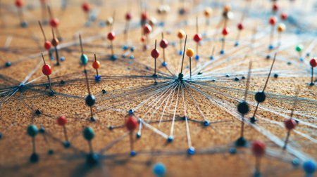 A close-up of a network of pins and threads resembling a spider web on a corkboard.の素材