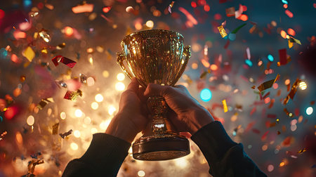 A close-up of hands lifting a golden trophy cup surrounded by confetti and celebration lights.の素材