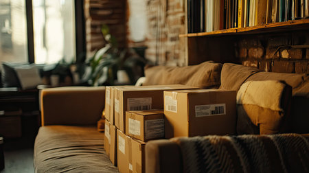 A close-up of labeled cardboard boxes piled next to a sofa in a cozy apartment.の素材