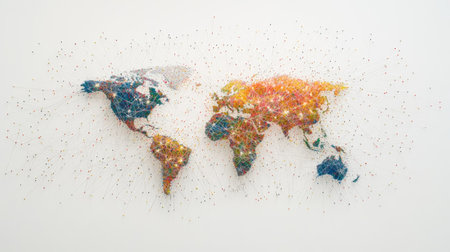 A creative art installation of a pin-and-thread network forming a symbolic globe on a white canvas.の素材