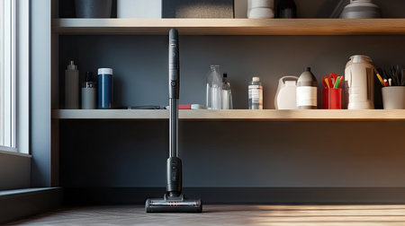 A cordless stick vacuum shown upright in storage, next to cleaning supplies on a shelf.の素材