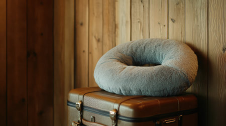 A close-up of a soft neck pillow resting on a suitcase, positioned by a wooden-panel wall.の素材