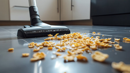 A close-up of a cordless vacuum head picking up spilled cereal on a tiled floor.の素材